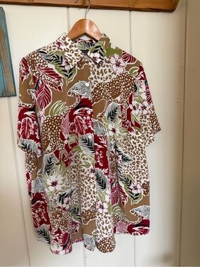 Maggie Barnes 16W Leopard Tropical Floral Button Up Shirt Plus Size